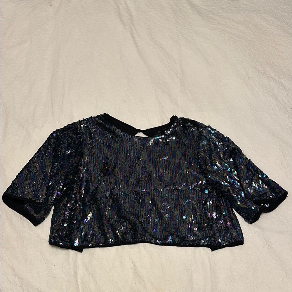 Black Crop Sequin Short Sleeve Top